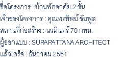 ชื่อโครงการ : บ้านพักอาศัย 2 ชั้น เจ้าของโครงการ : คุณพรทิพย์ ชัยพูล สถานที่ก่อสร้าง : นวมินทร์ 70 กทม. ผู้ออกแบบ : SURAPATTANA ARCHITECT แล้วเสร็จ : ธันวาคม 2561 