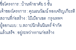 ชื่อโครงการ : บ้านพักอาศัย 5 ชั้น เจ้าของโครงการ : คุณธนวัฒน์ ทองเจริญเกียรติ สถานที่ก่อสร้าง : โบ๊เบ๊อาเขต กรุงเทพฯ ผู้ออกแบบ : บ.สถาปนิกต้นนินทร์ จำกัด แล้วเสร็จ : อยู่ระหว่างงานก่อสร้าง 