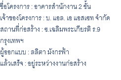ชื่อโครงการ : อาคารสำนักงาน 2 ชั้น เจ้าของโครงการ : บ. แอล. เอ แอสเซท จำกัด สถานที่ก่อสร้าง : ซ.เฉลิมพระเกียรติ ร.9 กรุงเทพฯ ผู้ออกแบบ : ลลิตา มังกรฟ้า แล้วเสร็จ : อยู่ระหว่างงานก่อสร้าง